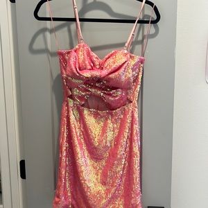 CORAL PINK SEQUIN BOW DRESS WITH CUTOUT
